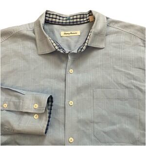 Tommy Bahama Mens Blue Check Linen Sorona Polyester Blend Long Sleeve Shirt XL